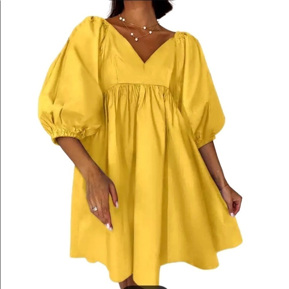 NWOT Vonda Empire Style V Neck Puff Sleeve Poly Yellow Dress 2X/3X*
